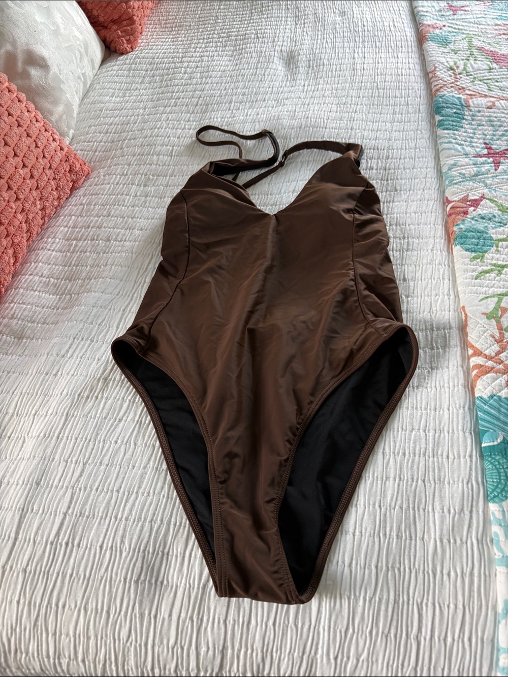 Women's Brown One-Piece Swimsuit - V-Neck Support